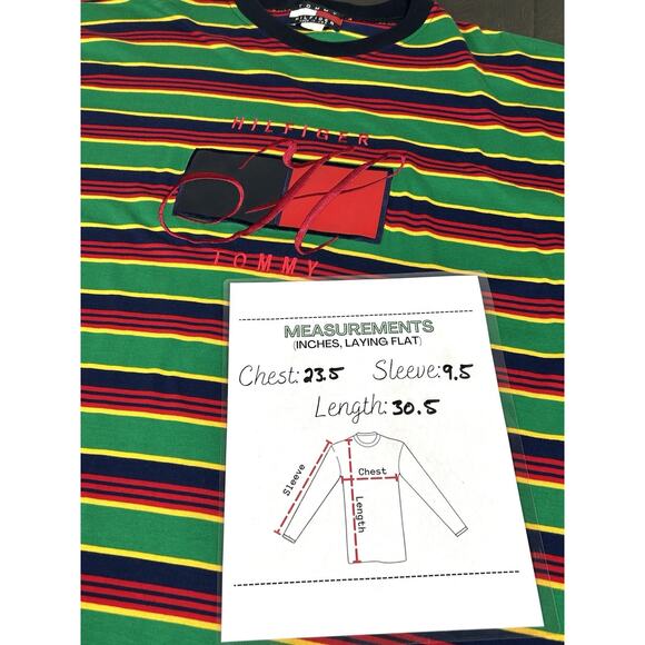 Vintage Tommy Hilfiger T-Shirt Striped Green Blue Red Y2K Tee Men's XL USA Made - Picture 7 of 9